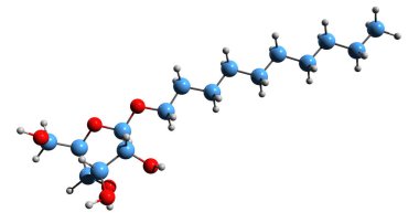 Decyl glukozid iskelet formülünün 3 boyutlu görüntüsü - beyaz arkaplanda izole edilmiş non iyonik yüzeyin moleküler kimyasal yapısı