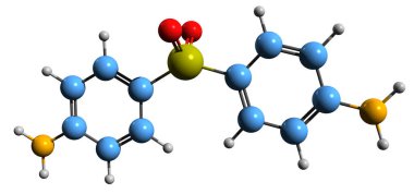 Dapsone iskelet formülünün 3 boyutlu görüntüsü - beyaz arka planda izole edilmiş the the the ecuinodiphenyl sulfone moleküler kimyasal yapısı