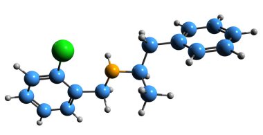  Clobenzorex iskelet formülünün 3 boyutlu görüntüsü - beyaz arka planda izole edilmiş uyarıcı ilacın moleküler kimyasal yapısı