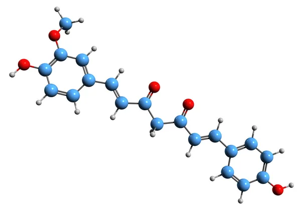 脱甲基姜黄素骨架公式的三维图像 白底分离姜黄素的分子结构 — 图库照片
