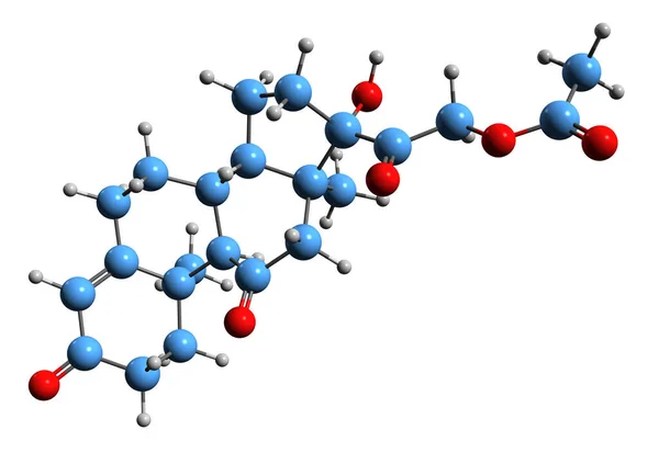 Cortisoneアセテート骨格式の3D画像 白い背景に単離された合成コルチコステロイドの分子化学構造 — ストック写真