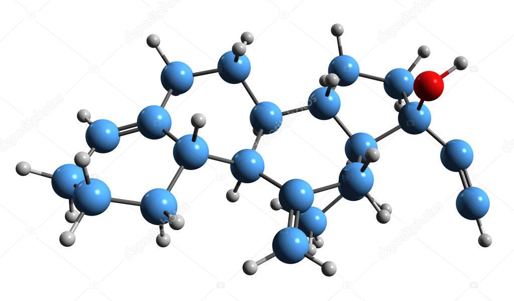 3D image of Desogestrel skeletal formula - molecular chemical structure of progestin medication isolated on white background