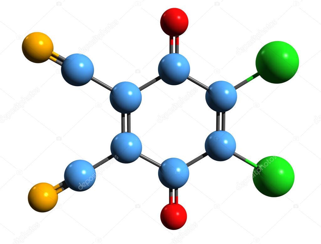  3D image of DDQ skeletal formula - molecular chemical structure of  chemical reagent isolated on white background
