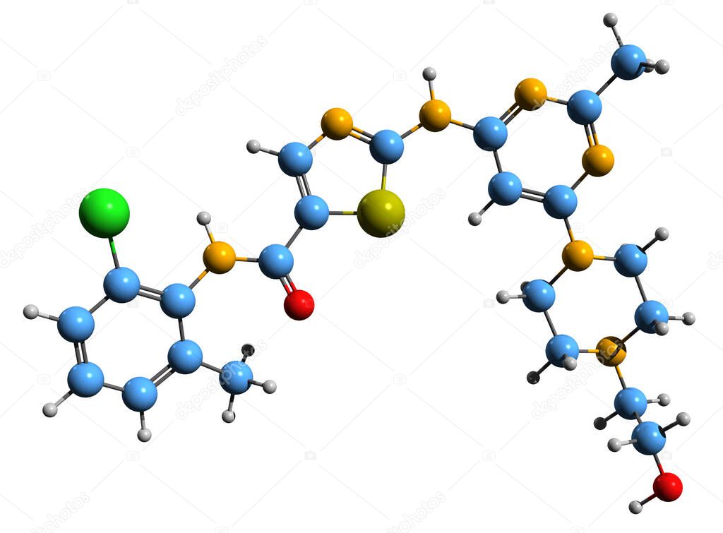 3D image of Dasatinib skeletal formula - molecular chemical structure of  targeted therapy medication isolated on white background