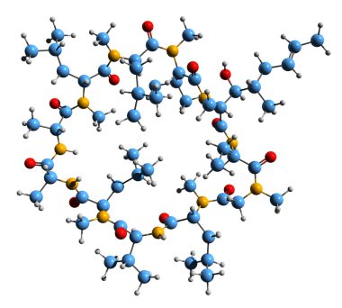  Ciclosporin iskelet formülünün 3 boyutlu resmi - beyaz arkaplanda izole edilmiş siklosporinin moleküler kimyasal yapısı
