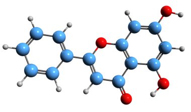  Chrysin iskelet formülünün 3 boyutlu görüntüsü - beyaz arka planda izole edilmiş 5,7-dihidroksiflavone moleküler kimyasal yapısı