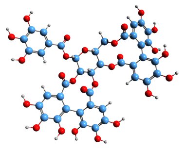 Casuarictin iskelet formülünün 3 boyutlu görüntüsü - beyaz arkaplanda izole edilmiş ellagitannin moleküler kimyasal yapısı