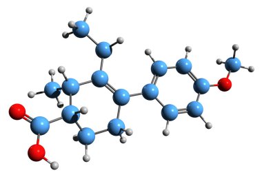 Carbestrol iskelet formülünün 3 boyutlu görüntüsü - beyaz arka planda izole edilmiş steroidal olmayan östrojenin moleküler kimyasal yapısı