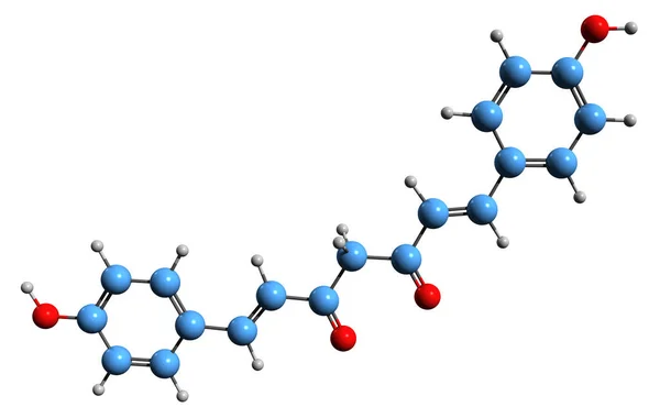 Bdemethoxycurcumin骨骼公式的三维图像 白底分离的姜黄素分子结构 — 图库照片