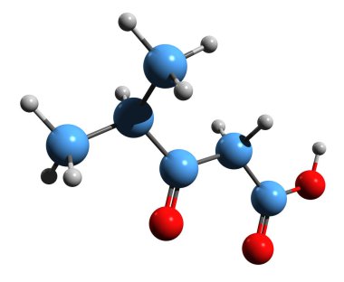 Beta-Ketoizocaproic asit iskelet formülünün 3 boyutlu görüntüsü - beyaz arkaplanda izole edilmiş 4-Metil-2-oksovalerik asidin moleküler kimyasal yapısı