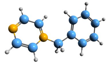  Benzylpiperazine iskelet formülünün 3 boyutlu görüntüsü - beyaz arka planda izole edilmiş eğlence amaçlı uyuşturucunun moleküler kimyasal yapısı
