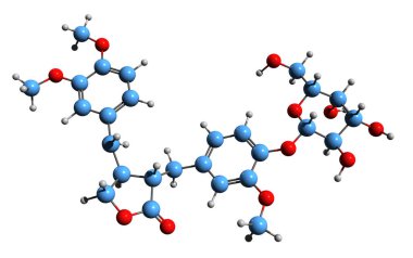  Arctiin iskelet formülünün 3 boyutlu resmi - beyaz arkaplanda izole edilmiş lingnanın moleküler kimyasal yapısı