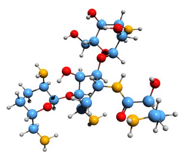 Arbekacin iskelet formülünün 3 boyutlu görüntüsü - beyaz arkaplanda izole edilmiş aminoglycoside antibiyotiğinin moleküler kimyasal yapısı