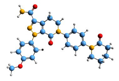 Apixaban iskelet formülünün 3 boyutlu görüntüsü - beyaz arka planda izole edilmiş antikoagülan ilaçlarının moleküler kimyasal yapısı