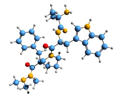 Anamorelin iskelet formülünün 3 boyutlu görüntüsü - beyaz arkaplanda izole edilmiş ghrelin agonistinin moleküler kimyasal yapısı