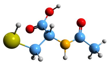 Asetilsistein iskelet formülünün 3 boyutlu görüntüsü - N-asetilsisteinin moleküler kimyasal yapısı beyaz arka planda izole edildi