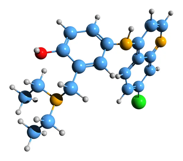 Amodiaquine骨骼肌公式的三维图像 白色背景下分离的疟疾药物分子结构 — 图库照片