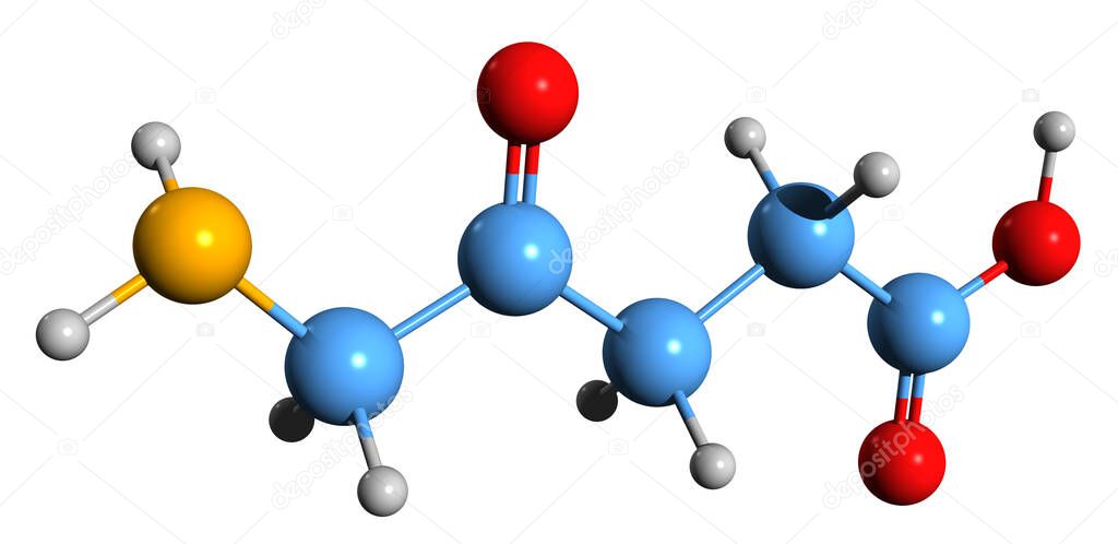  3D image of Aminolevulinic acid skeletal formula - molecular chemical structure of  non-proteinogenic amino acid isolated on white background