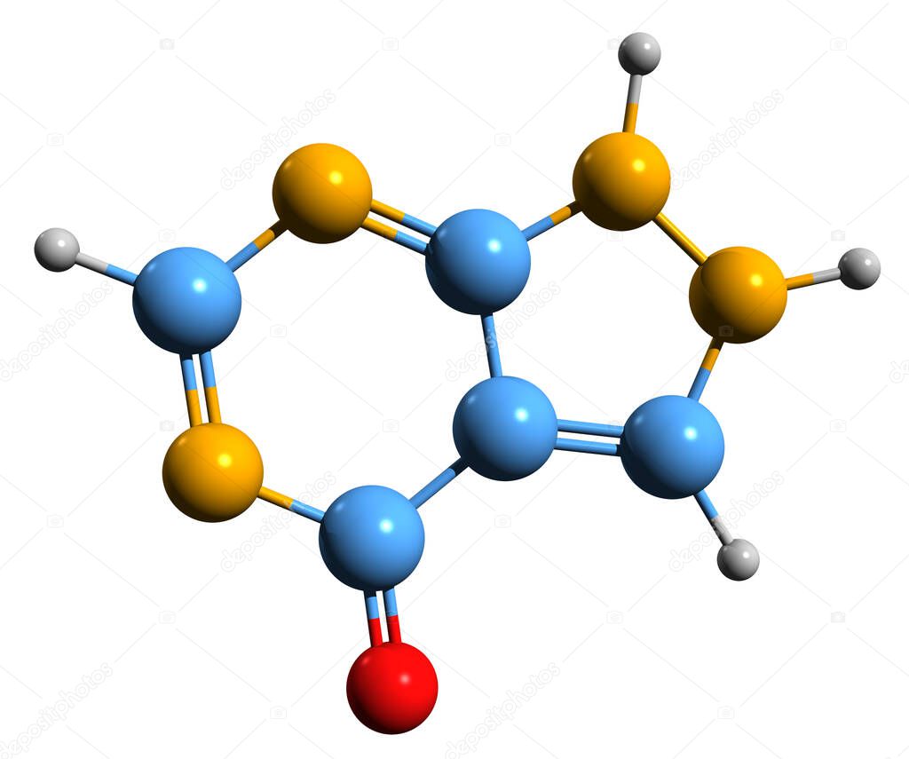 3D image of Allopurinol skeletal formula - molecular chemical structure of hyperuricemia medication isolated on white background