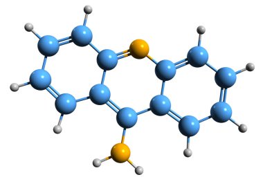 9-Aminoacridine iskelet formülünün 3 boyutlu görüntüsü - beyaz zemin üzerinde izole edilmiş Acridin-9-aminin moleküler kimyasal yapısı