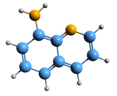 8-Aminoquinoline iskelet formülünün 3 boyutlu resmi - beyaz arkaplanda izole edilmiş Quinolin-8-aminin moleküler kimyasal yapısı