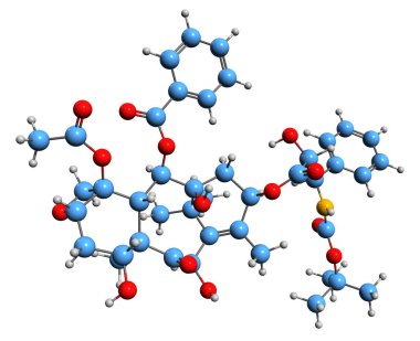 3D image of Docetaxel skeletal formula - molecular chemical structure of chemotherapy medication isolated on white background