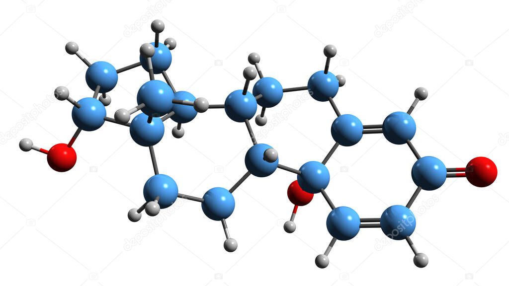  3D image of Dihydroxyestra-1,4-dien-3-one skeletal formula - molecular chemical structure of DHED isolated on white background