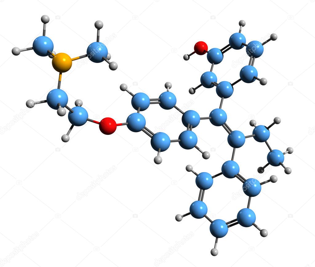 3D image of Droloxifene skeletal formula - molecular chemical structure of selective estrogen receptor modulator isolated on white background