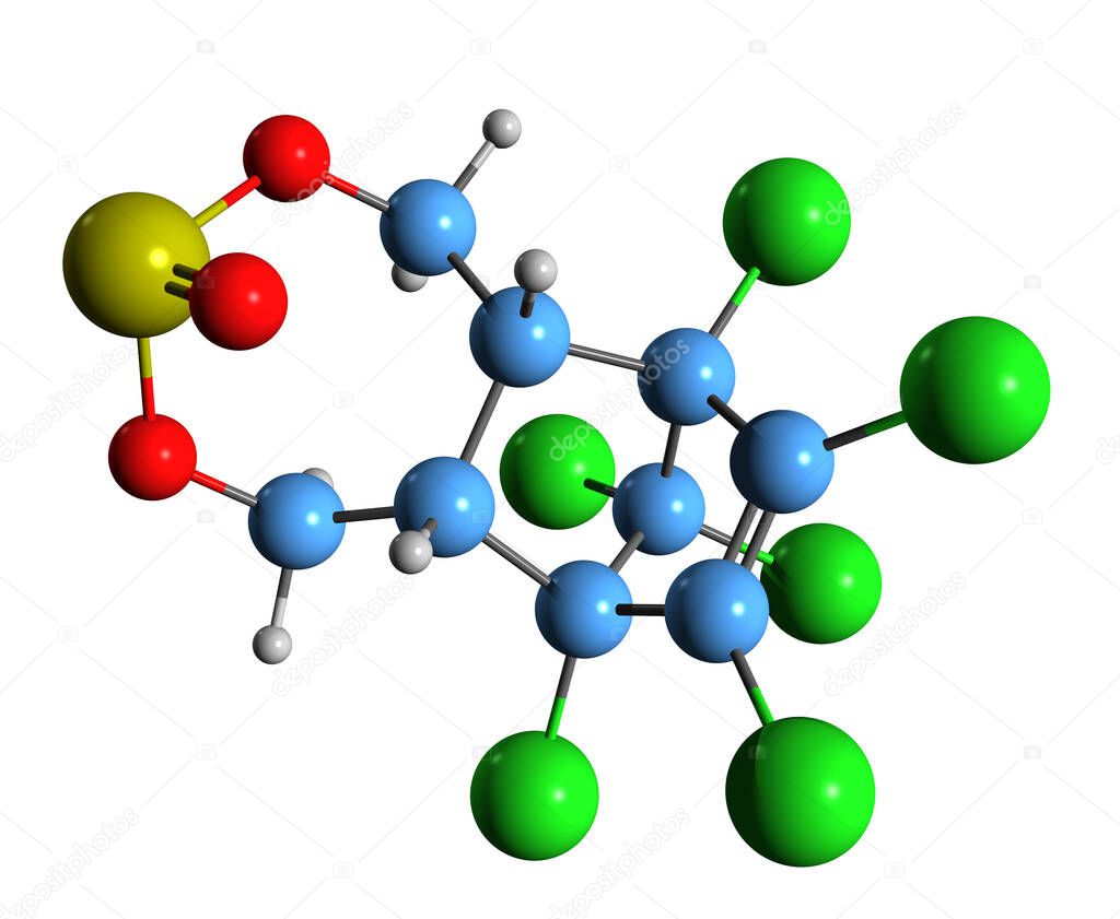 3D image of Endosulfan skeletal formula - molecular chemical structure of organochlorine  insecticide isolated on white background