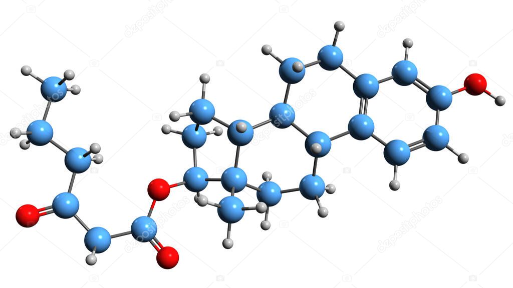 3D image of Estradiol butyrylacetate skeletal formula - molecular chemical structure of estrogen medication isolated on white background