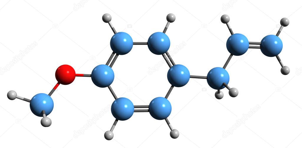 3D image of Estragole skeletal formula - molecular chemical structure of phenylpropene isolated on white background