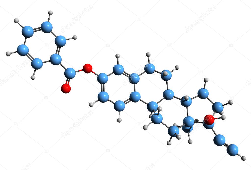 3D image of Ethinylestradiol benzoate skeletal formula - molecular chemical structure of  synthetic estrogen isolated on white background