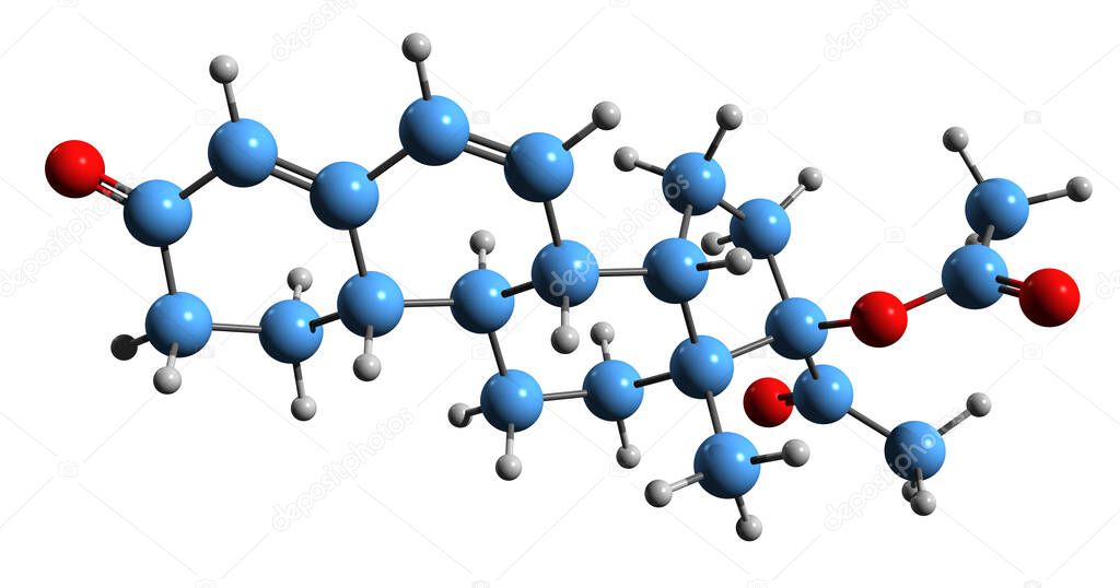  3D image of Gestadienol acetate skeletal formula - molecular chemical structure of  orally active progestin isolated on white background