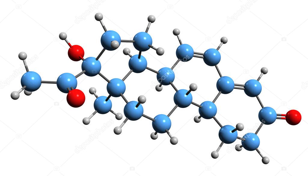  3D image of Gestadienol skeletal formula - molecular chemical structure of  6-dehydro-17-hydroxy-19-norprogesterone isolated on white background