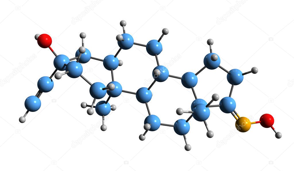  3D image of Golexanolone skeletal formula - molecular chemical structure of neurosteroid medication isolated on white background
