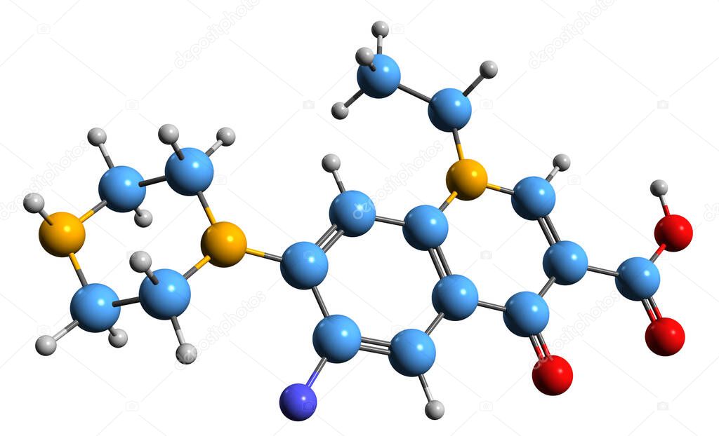 3D image of Norfloxacin skeletal formula - molecular chemical structure of fluoroquinolone antibiotic isolated on white background