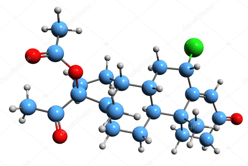  3D image of Hydromadinone acetate skeletal formula - molecular chemical structure of steroidal progestin isolated on white background