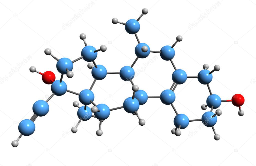 3D image of Hydroxytibolone skeletal formula - molecular chemical structure of synthetic steroidal estrogen isolated on white background