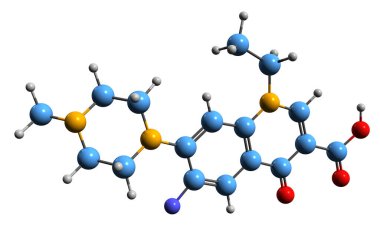  3D image of Pefloxacin skeletal formula - molecular chemical structure of quinolone antibiotic isolated on white background