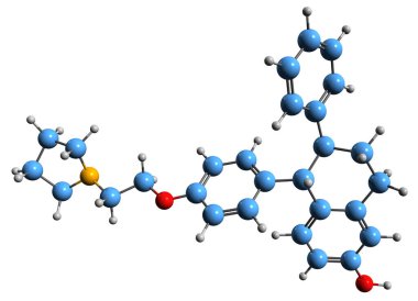  3D image of Lasofoxifene skeletal formula - molecular chemical structure of Selective estrogen receptor modulator isolated on white background