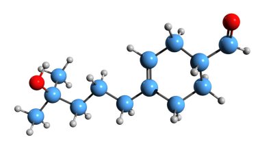  3D image of Hydroxymethylpentylcyclohexenecarboxaldehyde skeletal formula - molecular chemical structure of lyral isolated on white background