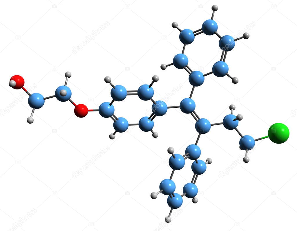  3D image of Ospemifene skeletal formula - molecular chemical structure of Deaminohydroxytoremifene isolated on white background