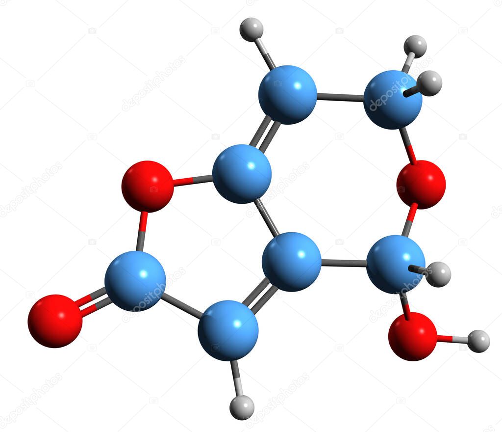  3D image of patulin skeletal formula - molecular chemical structure of mycotoxin Leucopin isolated on white background