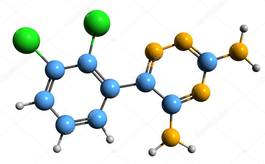  3D image of Lamotrigine skeletal formula - molecular chemical structure of epilepsy medication isolated on white background