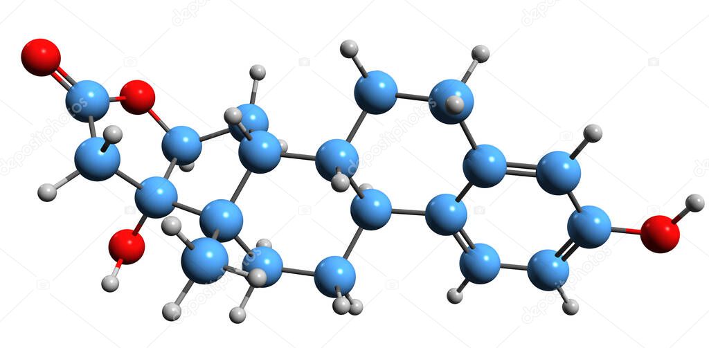  3D image of lactone-estradiol skeletal formula - molecular chemical structure of synthetic steroidal estrogen isolated on white background