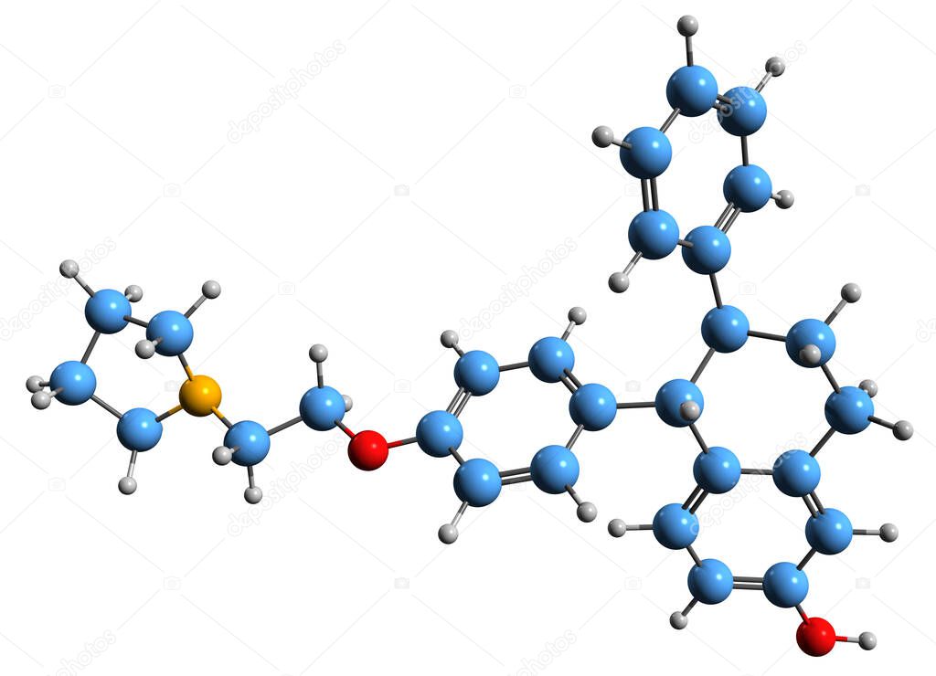  3D image of Lasofoxifene skeletal formula - molecular chemical structure of Selective estrogen receptor modulator isolated on white background