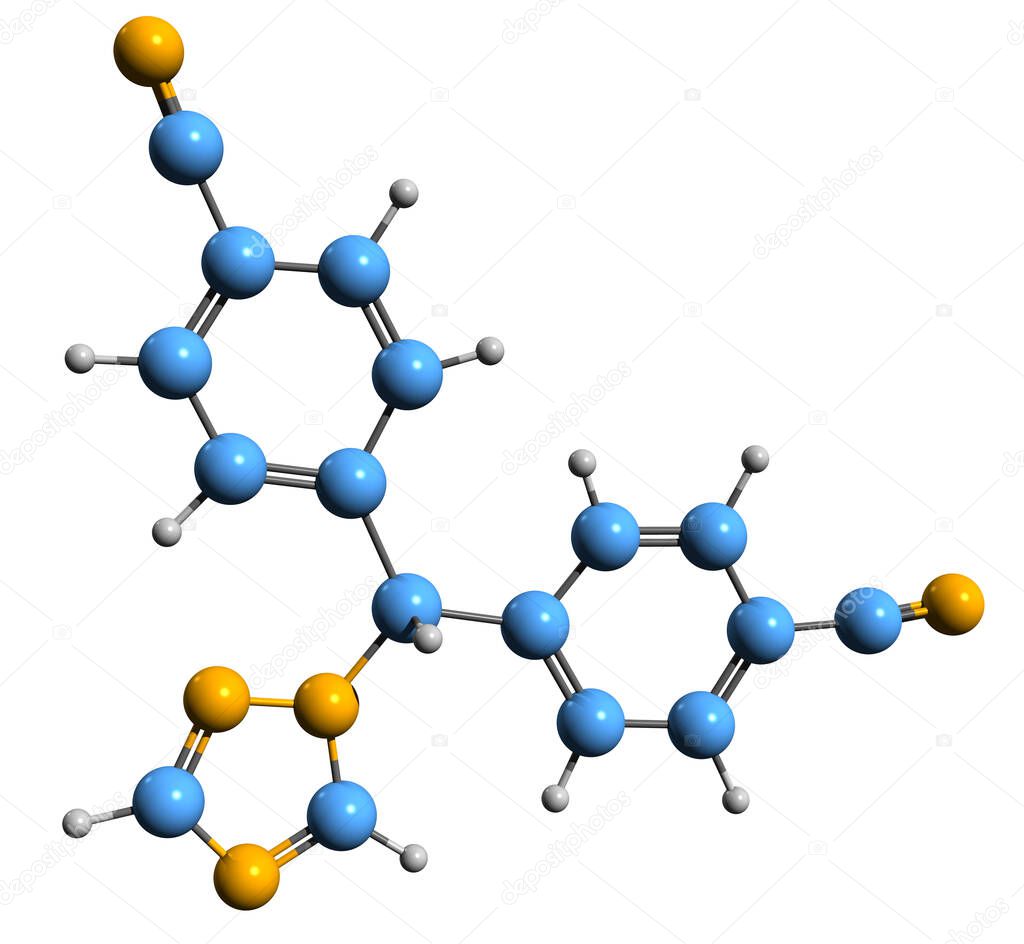  3D image of Letrozole skeletal formula - molecular chemical structure of aromatase inhibitor isolated on white background