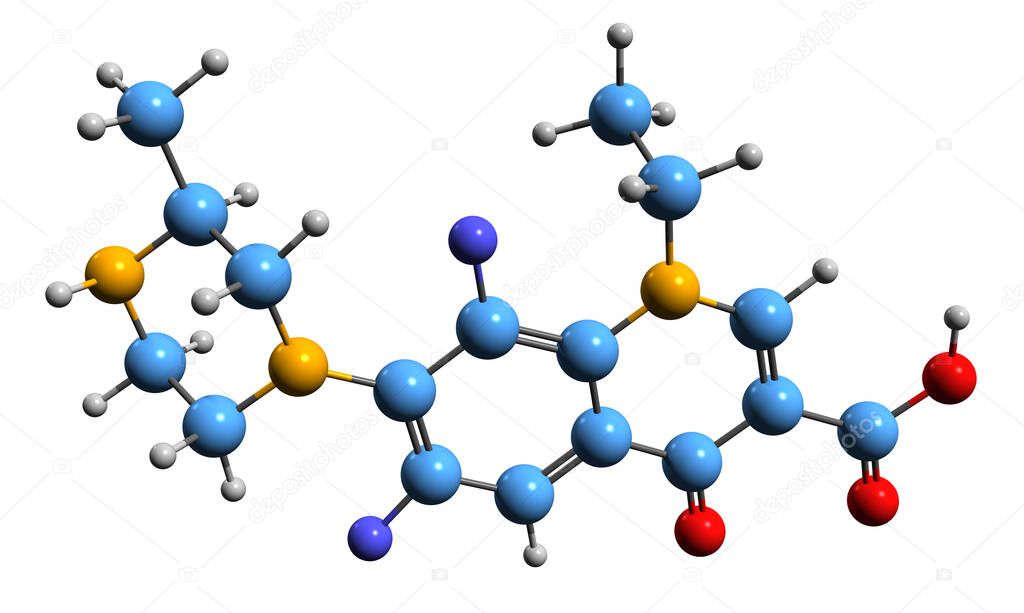  3D image of Lomefloxacin skeletal formula - molecular chemical structure of fluoroquinolone antibiotic isolated on white background