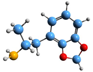  3D image of Methylenedioxyamphetamine skeletal formula - molecular chemical structure of amphetamine derivative   empathogen-entactogen isolated on white background