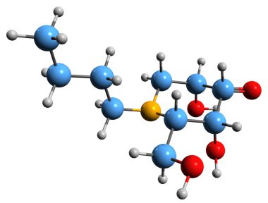  3D image of Miglustat skeletal formula - molecular chemical structure of synthetic analogue of D-glucose isolated on white background
